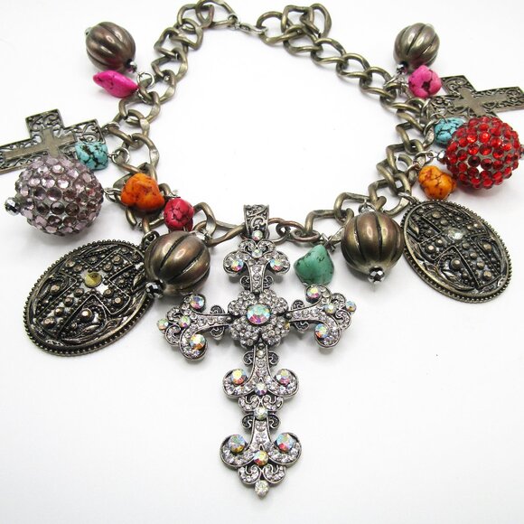 Gothic Charm Necklace Cross Turquoise Stones - Picture 1 of 4